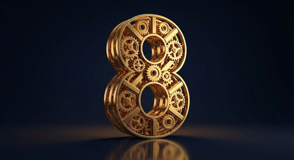 3D golden number 8 monolith representing CEO energy, executive power, and financial harvest