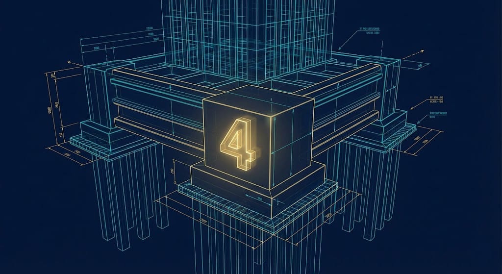 Glowing architectural blueprint with number 4 foundation stone representing long-term wealth stability