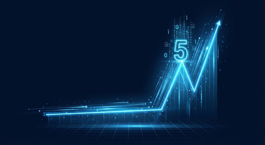 Neon blue stock market graph spiking upward representing Angel Number 5 innovation and rapid career changes