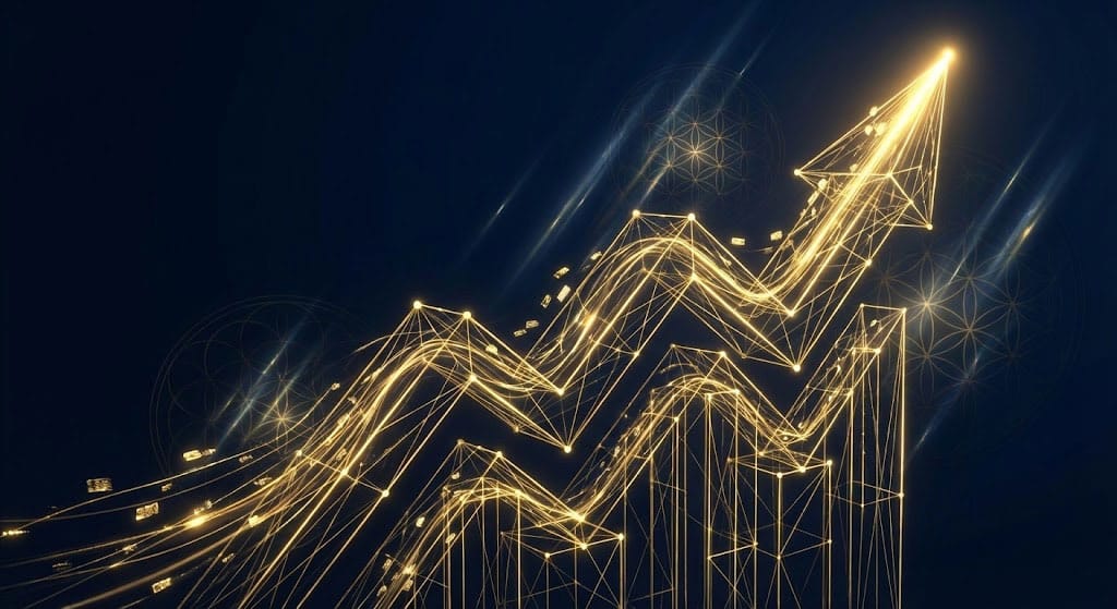 3D golden data visualization showing upward trending financial graph and business growth patterns.