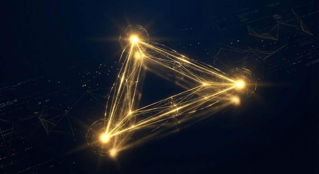 Golden geometric triangle on dark navy background representing Master Numbers 11, 22, and 33.